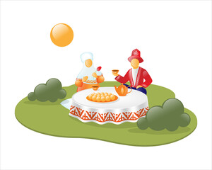 Kazakh guy and woman drink tea. Celebrating Nauryz. Vector illustration