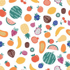 Seamless pattern with doodle fruits on white background. Hand drawn organic fresh food. Exotic and tropical fruits. Vector illustration.