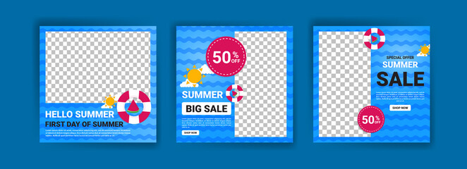 First day of summer. Hello summer. Summer sale. Banners vector for social media ads, web ads, business messages, discount flyers and big sale banner.
