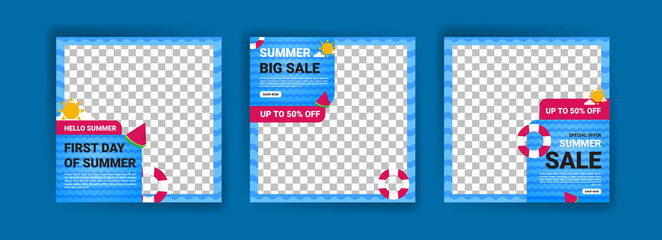 First day of summer. Hello summer. Summer sale. Banners vector for social media ads, web ads, business messages, discount flyers and big sale banner.