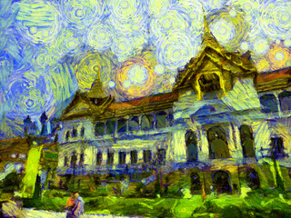 Fototapeta premium The grand palace, wat phra kaew bangkok thailand Illustrations creates an impressionist style of painting.