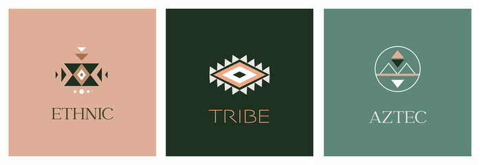 Tribal, ethnic logo design set, Aztec Mexican, African symbols, icons