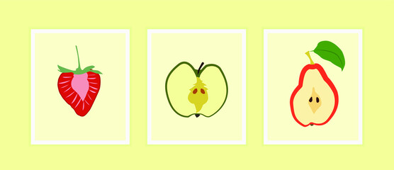 Set cards fruits, flat vector color illustration.