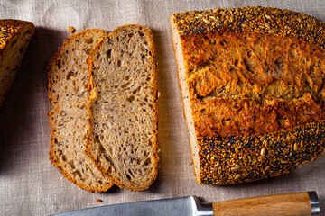 Flaxseed bread with a poppy seed and sesame mixture