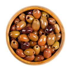 Pitted Leccino olives, preserved in olive oil, in a wooden bowl. Leccino, one of the primary olive cultivars for Italian olive oil production, also used as table olive. Olea europaea. Macro food photo