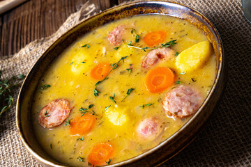 Classic pea soup with sausage and meat