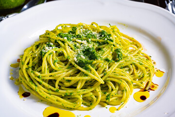 Pasta with wild garlic pesto and pine nuts