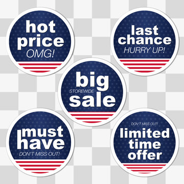 Independence Day Sale Sticker Label Set For Shop, Price Tag. Red And White Stripes Design For The 4th Of July Or Flag Day. Big Sale Storewide, Limited Time Offer Signs On Navy Background. 