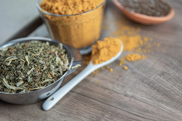 Various condiments for food preparation in selective focus