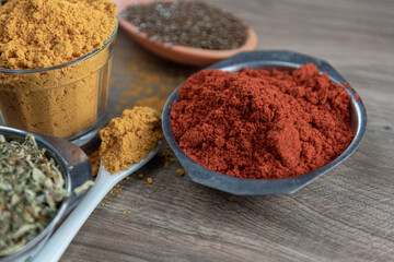 Various condiments for food preparation in selective focus