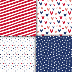 American flag inspired seamless pattern set with hearts, stars, stripes and polka dot designs in red and blue colors with a touch of pink.