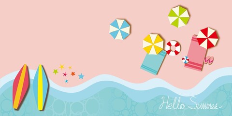 Summer Vacation concept banner illustration. Summer beach with Beach Umbrellas and surfboards. Hello summer  decorative background. Vector illustration.