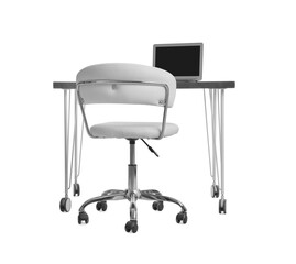 Stylish workplace with laptop and comfortable chair on white background