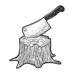 Kitchen cleaver hatchet knife stuck in tree stump line art sketch engraving vector illustration. T-shirt apparel print design. Scratch board imitation. Black and white hand drawn image.