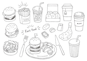 ハンバーガーやポテトなどの手描きイラストセット（モノクロ）