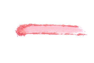 Crushed pink coral eyeshadow swatch isolated on white background. Sample of beauty make up...