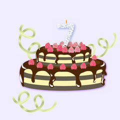 birthday cake with candle and raspberry, vector