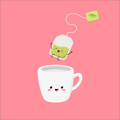 A cup with green tea and a disposable sachet. Cute character. Vector illustration. Image of joyful emotions.