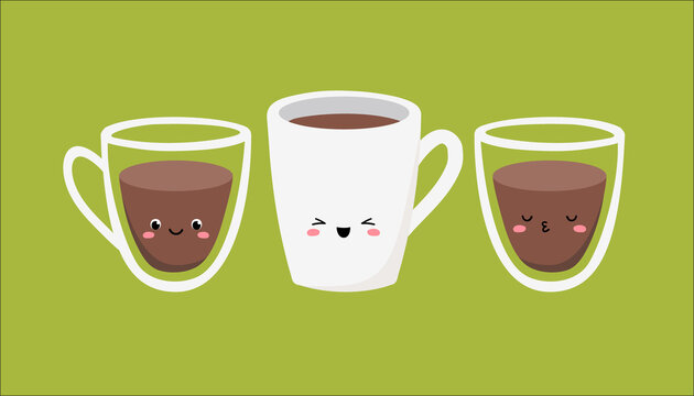A set of three cups and glasses with hot drinks - tea, coffee, cappuccino, latte. Cute character. Vector illustration. Image of joyful emotions.