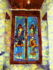 Ancient wooden doors carved into guards Illustrations creates an impressionist style of painting.