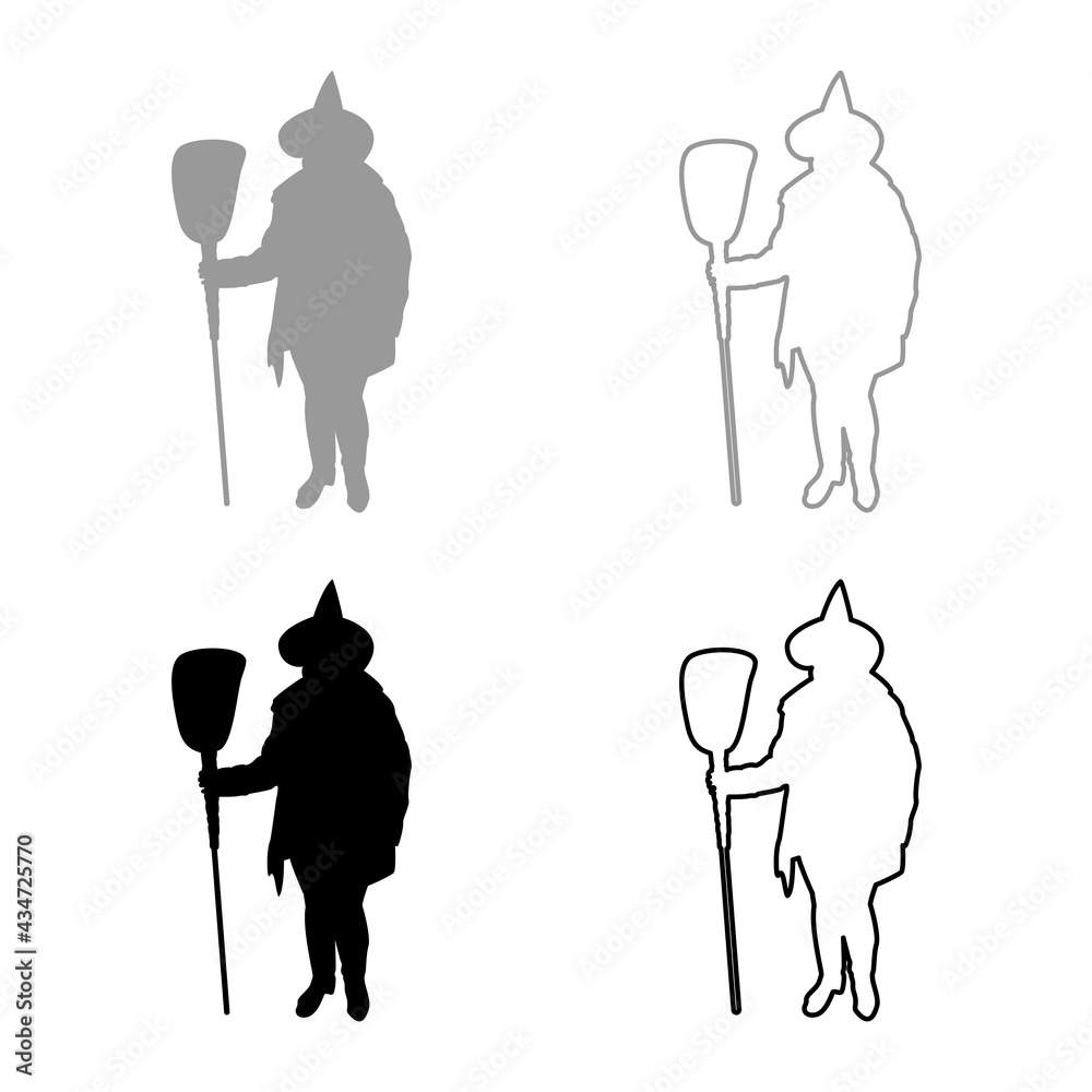 Poster Fairy Wizard Witch standing with broom Subject for Halloween concept silhouette grey black color vector illustration solid outline style image