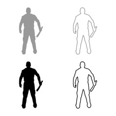 Man with sword machete Cold weapons in hand military man Soldier Serviceman in positions Hunter with knife Fight poses Strong defender Warrior concept Weaponry Stand View from rear Terrible and scary 