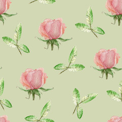 Watercolor seamless pattern illustration of pastel pink flowers and green leaves isolated on a green background. Drawn by hand for wrapper, textile, wallpaper.