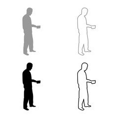 Man with saucepan in his hands preparing food Male cooking use sauciers silhouette grey black color vector illustration solid outline style image