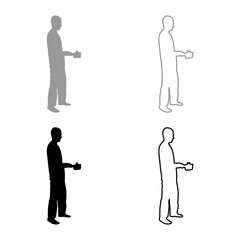 Man with saucepan in his hands preparing food Male cooking use sauciers silhouette grey black color vector illustration solid outline style image