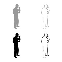 Man trying food from spoon standing Tasting concept Gourmet tries dish Chef trying silhouette grey black color vector illustration solid outline style image