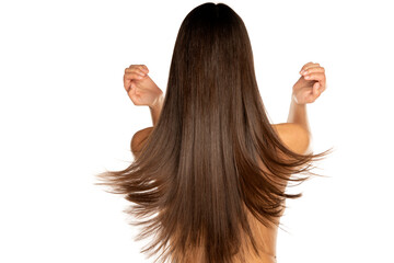 Rear view of a woman with a long straith brown hair