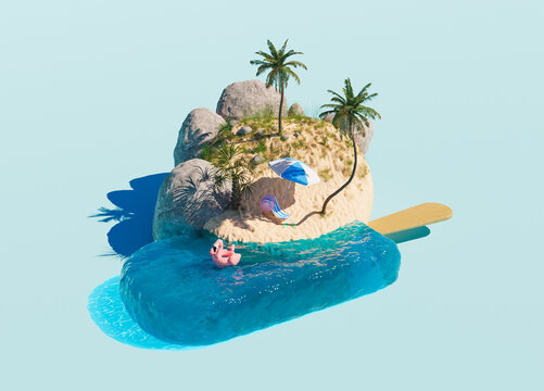 ocean-shaped ice cream and a small beach with palm trees and holiday accessories