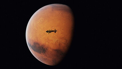 Mars Red Planet Spaceship Exploration Vessel Orbiting Mars High Resolution Image 3d illustration render © paul