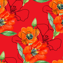 Red yelollow tulips seamless pattern.Vector Tulip Pattern. Image on a white and colored background.
