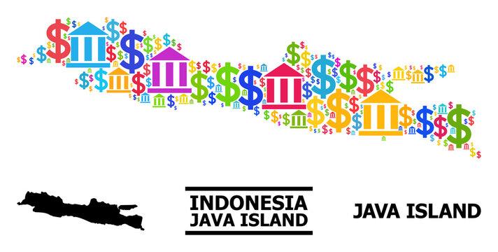Colorful financial and money mosaic and solid map of Java Island. Map of Java Island vector mosaic for GDP campaigns and agitprop. Map of Java Island is formed with colorful bank and dollar icons.