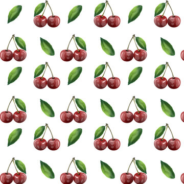 Vector seamless pattern of pictures of ripe cherries and leaves