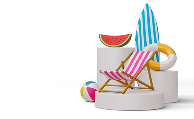 Display beach chairs and swimming ring with surfboard, summer season, summer template 3d rendering