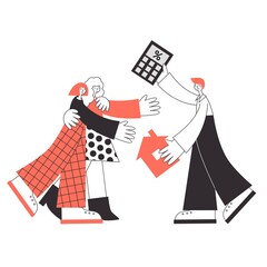 Two happy lgbtq women buy a property with mortgage loan, realtor shows a rate calculation. Own real estate for gay family concept vector flat isolated illustration.