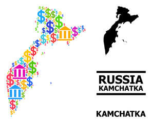 Colorful financial and dollar mosaic and solid map of Kamchatka Peninsula. Map of Kamchatka Peninsula vector mosaic for advertisement campaigns and projects.