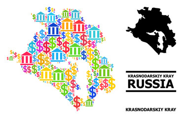 Colorful bank and commercial mosaic and solid map of Krasnodarskiy Kray. Map of Krasnodarskiy Kray vector mosaic for ads campaigns and proclamations.