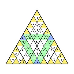 Triangle sudoku colorful game stock vector illustration. Place 1-9 numbers into empty cells - in each big triangle, in each yellow lines and green lines just once. Logical number game printable page