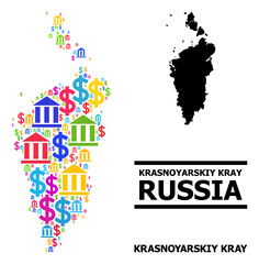 Fototapeta premium Bright colored bank and economics mosaic and solid map of Krasnoyarskiy Kray. Map of Krasnoyarskiy Kray vector mosaic for advertisement campaigns and propaganda.