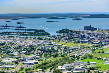 View of Gladstone city and harbour looking towards Curtis Island