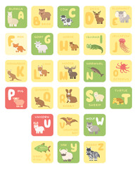 Vector isolated A-Z zoo alphabet cartoon animals education cards. Alpaca bear cow deer elephant fox goat horse iguana jellyfish kangaroo lynx moose octopus pig quokka rabbit sheep turtle unicorn bat
