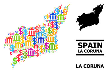 Bright colored bank and dollar mosaic and solid map of La Coruna Province. Map of La Coruna Province vector mosaic for GDP campaigns and agitprop.