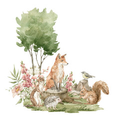 Fototapety  Watercolor forest landscape. Trees, field, stump, fir-trees, wild animals. Red fox, bird, weasel, squirrel, meadow flowers. Summer woodland, nature scene, valley