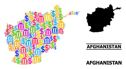 Fototapeta na wymiar Colorful bank and business mosaic and solid map of Afghanistan. Map of Afghanistan vector mosaic for business campaigns and agitation.