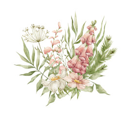 Watercolor bouquet with flower, leaves, branches. Summer blossom forest nature. Floral aesthetic composition, floral arrangements, delicate rustic herbs