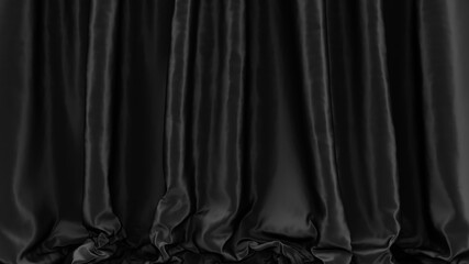 Black fabric. Dark drapery. Black stage silk curtain. Beautiful horizontal background. High resolution.