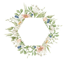 Watercolor hexagon frame with elegant summer flowers, herbs, blueberries and leaves. Wildflower rustic bouquet. Frame for wedding invitation, cards, covers